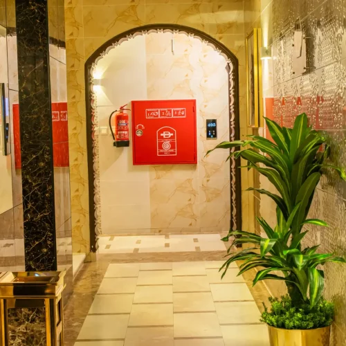 Hotel elevator lobby with fire extinguisher cabinet